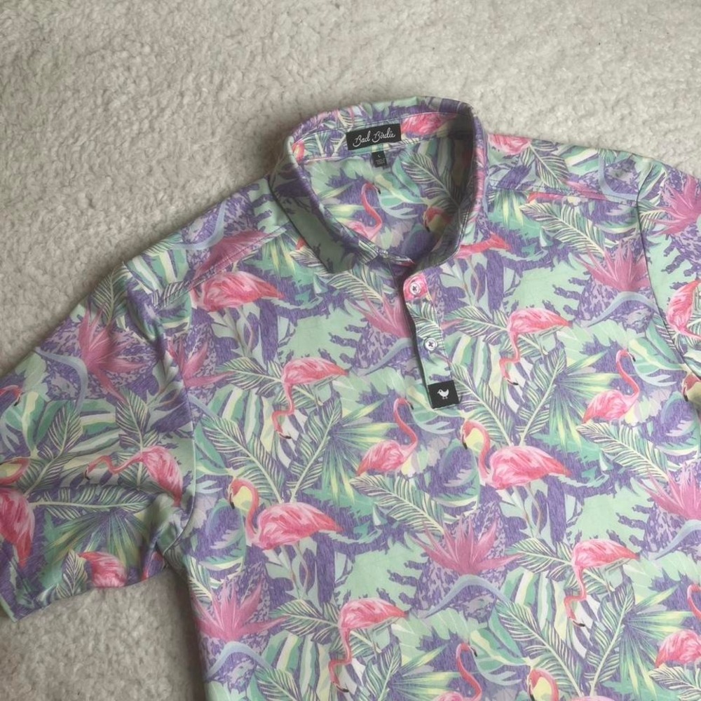 Bad birdie men's flamingo floral pink blue‎ short sleeve polo golf stretch L